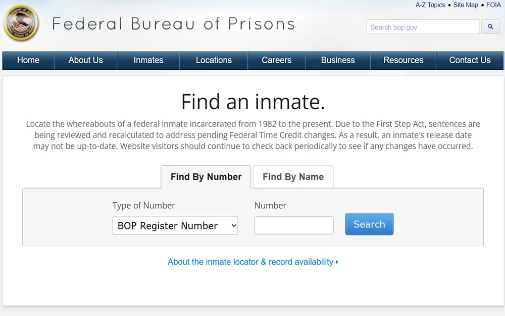 A screenshot from the Federal Bureau of Prisons website displays the "Find an Inmate" page, specifically on the "Find by Number" tab, which features a search field to enter the BOP registered number.