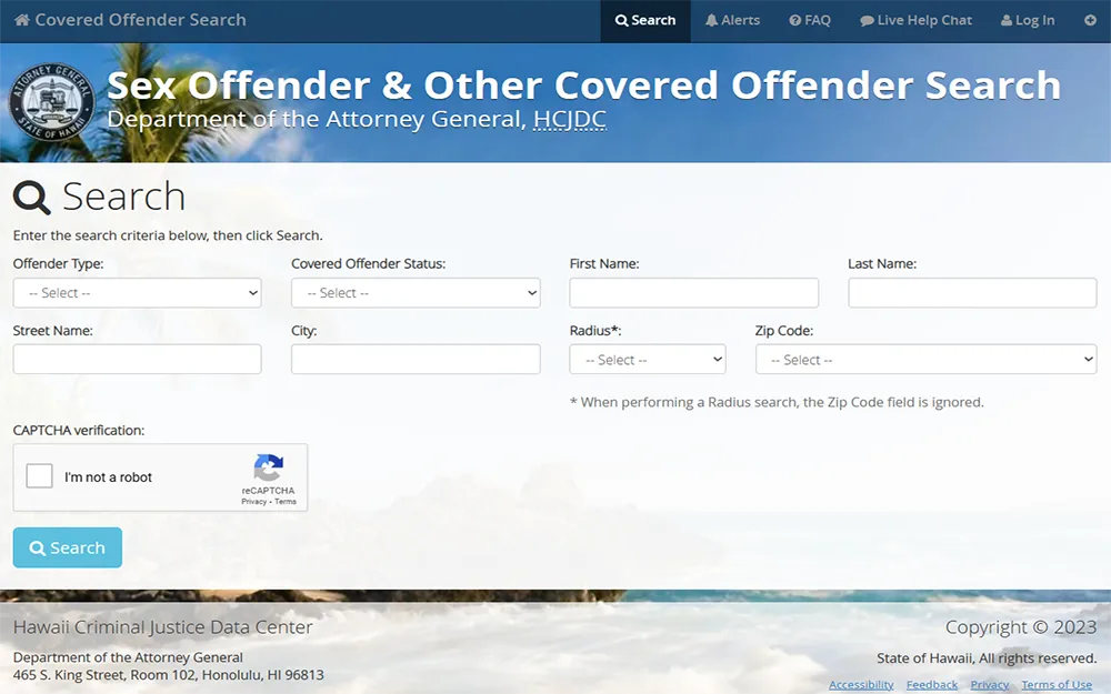 A screenshot from the Hawaii Attorney General website displays the sex offender and other covered offender search page with search criteria to enter information such as offender type, status, name, and address.