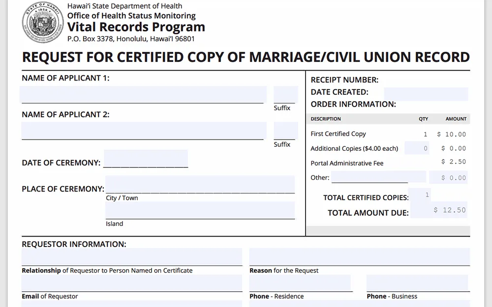 A screenshot from the Hawaii State Department of Health website displays an empty request form for a certified copy of a marriage or civil union record, with fields for information such as the names of the applicants, date and place of the ceremony, requestor information, and order information.