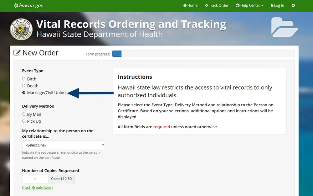 A screenshot from the Hawaii State Department of Health website displays the Vital Records Ordering and Tracking page, specifically on the "New Order" tab, which includes information such as event type, delivery method, number of copies, and instructions.
